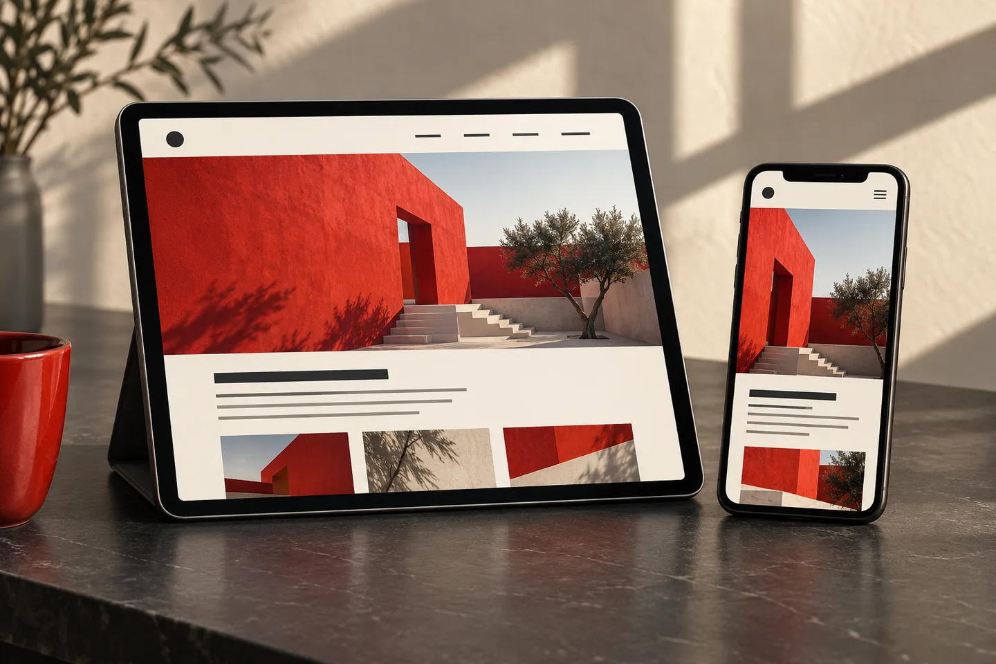 Responsive website design on mobile and tablet A tablet and smartphone displaying matching red-and-ivory portfolio website layouts.