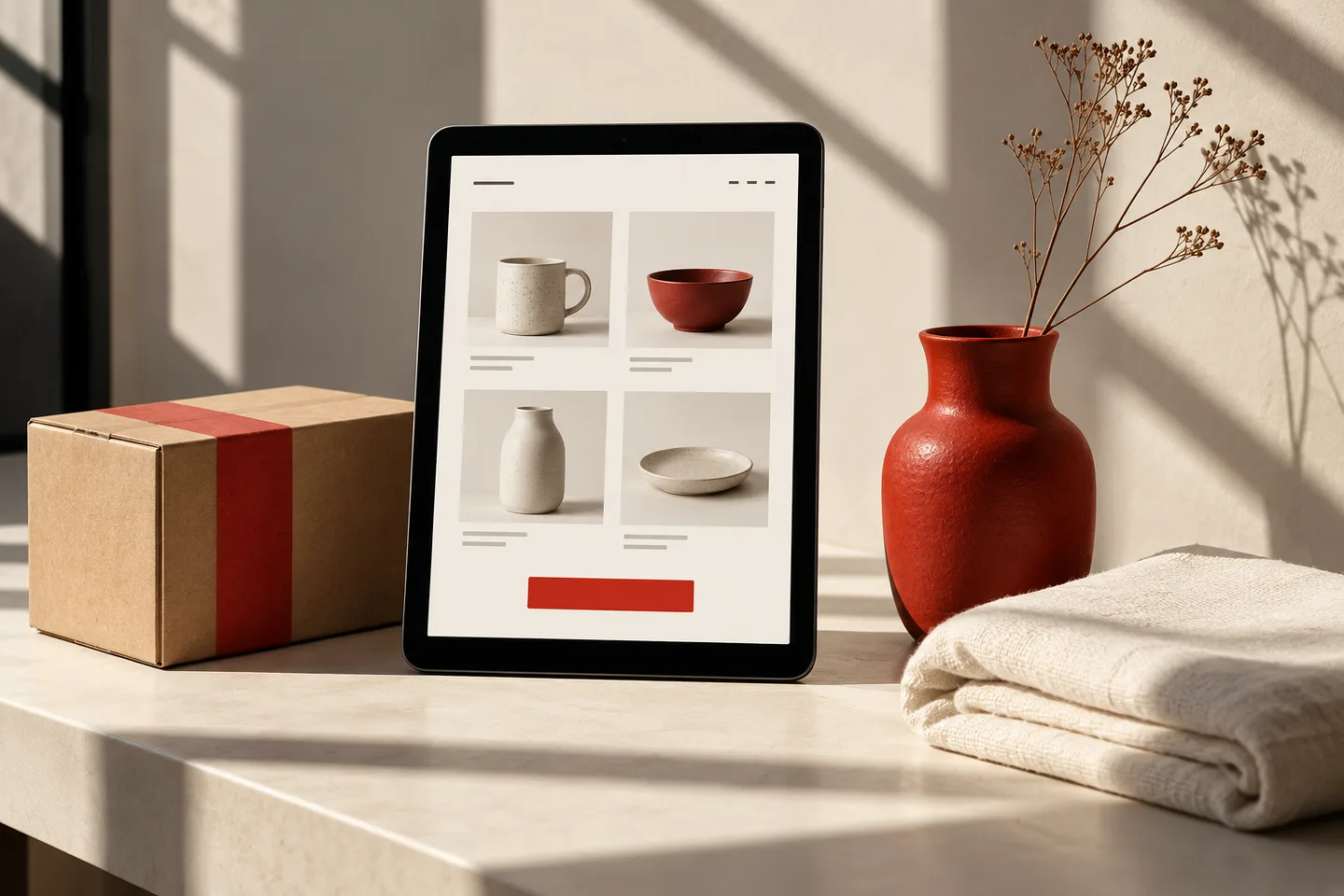 Starting an online-store website A tablet displaying an online shop beside a shipping box, folded fabric and a red ceramic vessel.