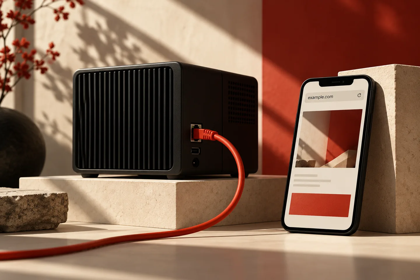 Website domains and hosting A black network storage enclosure, red Ethernet cable and smartphone displaying a sample website address.