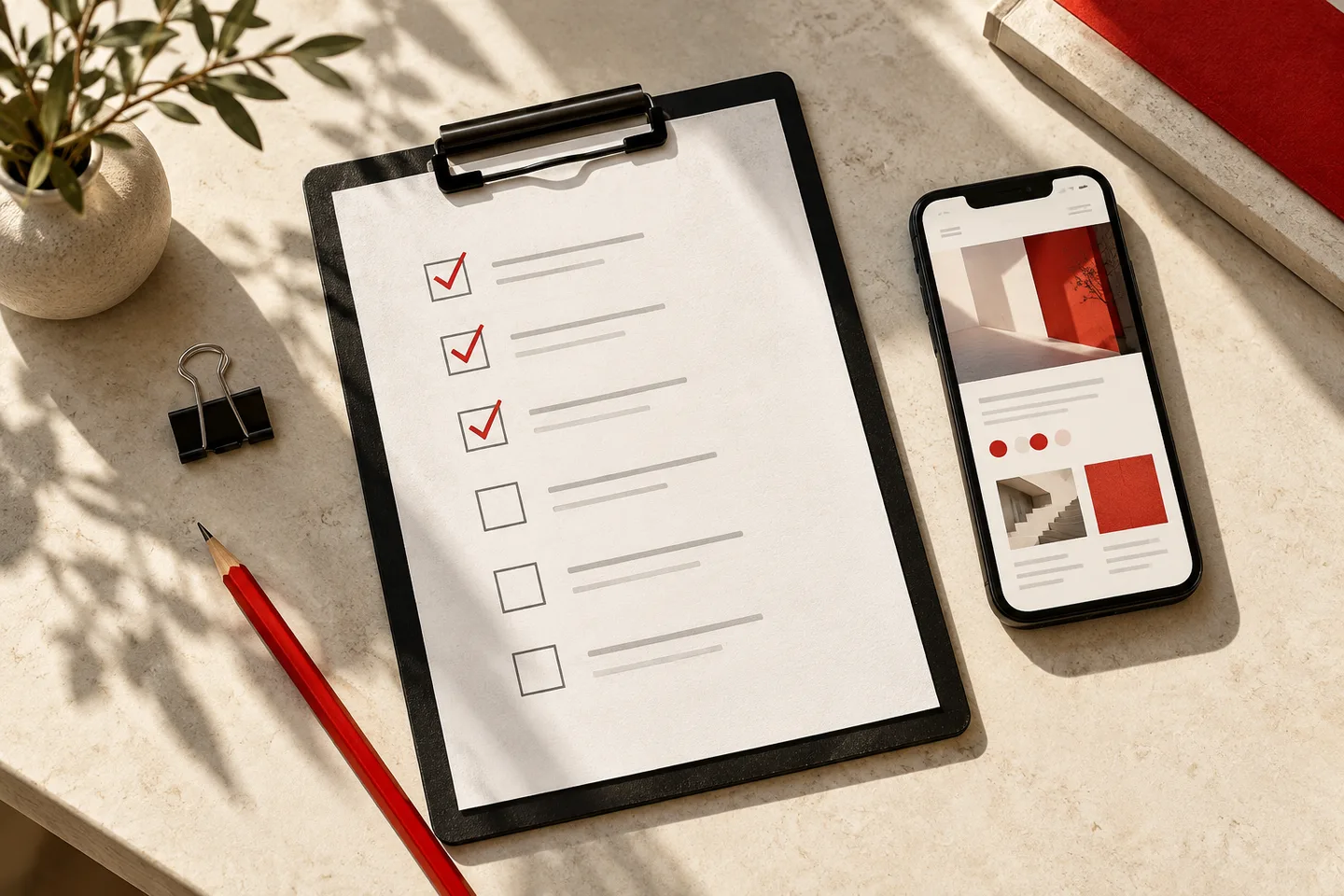 Website launch checklist and mobile testing A clipboard with checked boxes, a red pencil and a smartphone displaying a website on an ivory desk.