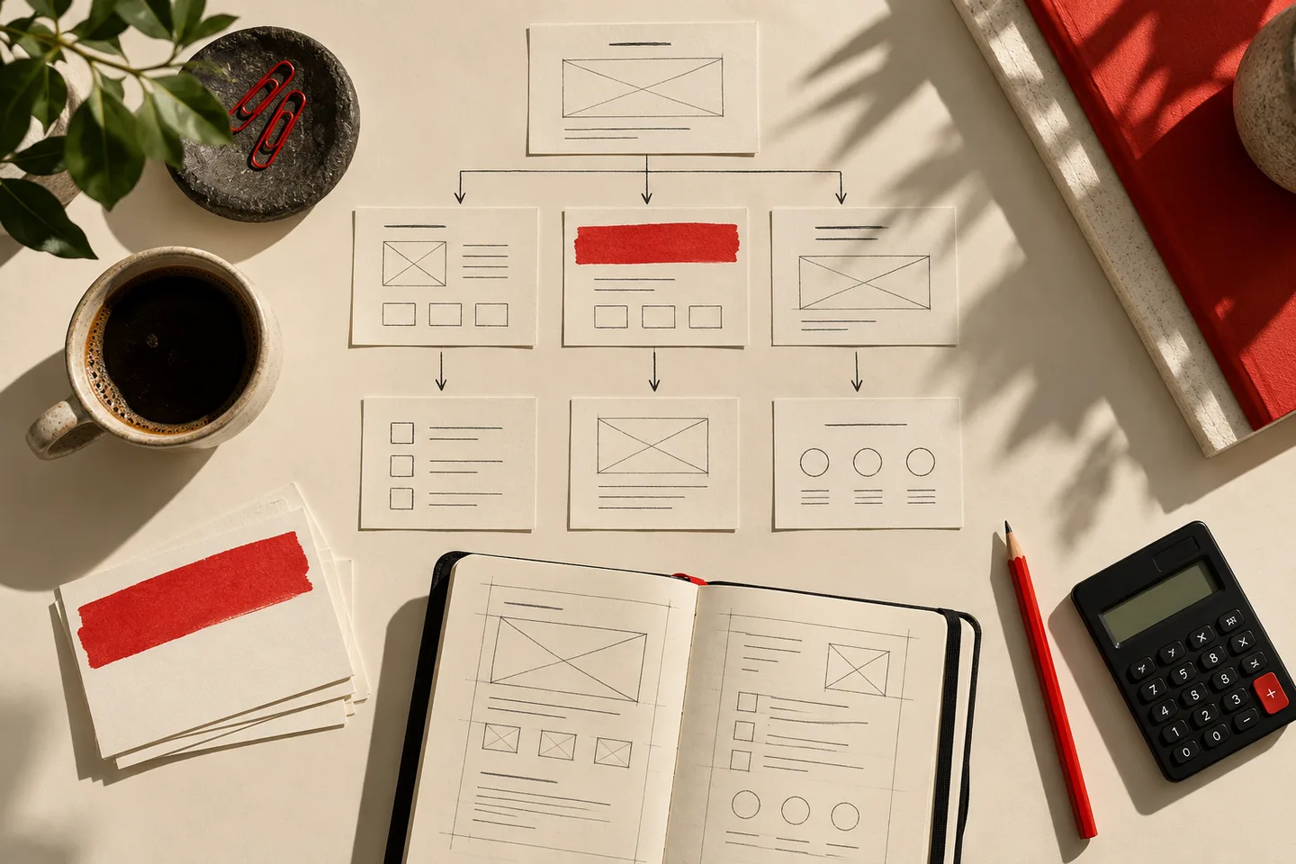 Website planning and first-year budget Website planning cards, page sketches, a calculator and a red pencil on an ivory desk.