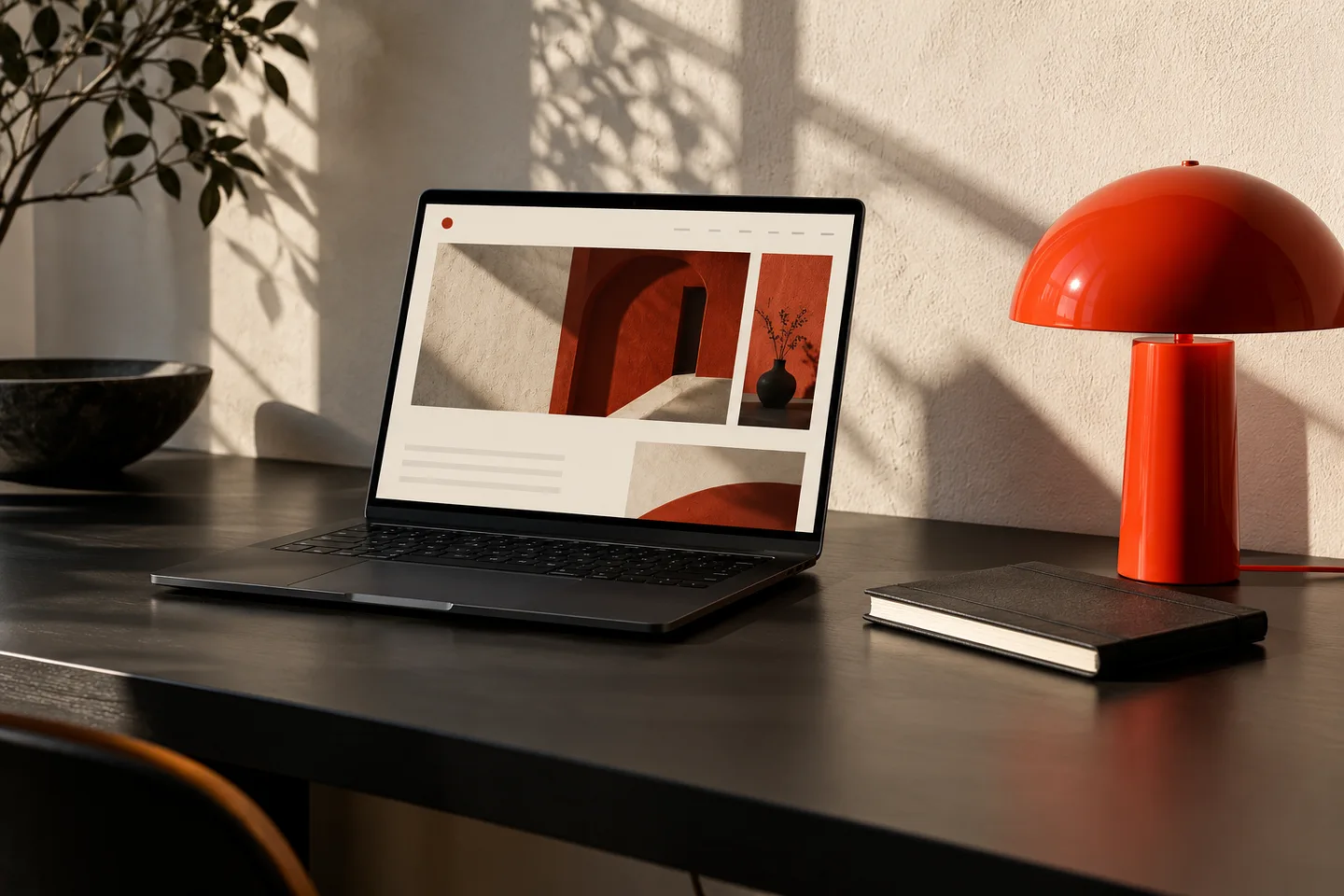 A black laptop, notebook, and red desk lamp in a minimal workspace.